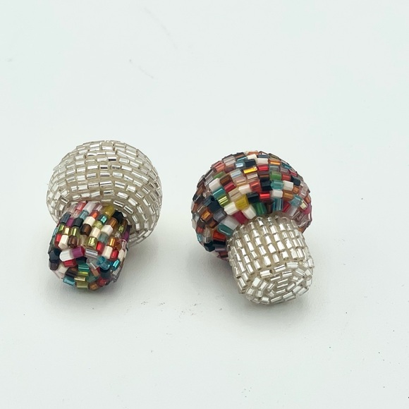 Set of 2 Minature Beaded Mushrooms on Wooden Base - Picture 3 of 5